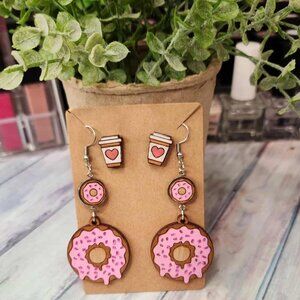 Donut & Coffee Earrings Set – Cute Sweet Treat Dangles and Studs | Handmade Brea